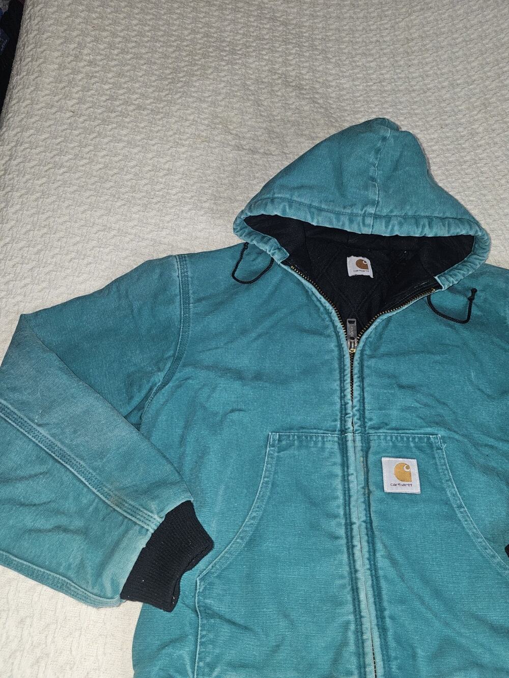 Vintage Carhartt JR132 teal turquoise Duck Hooded Full Zip Jacket Small Size